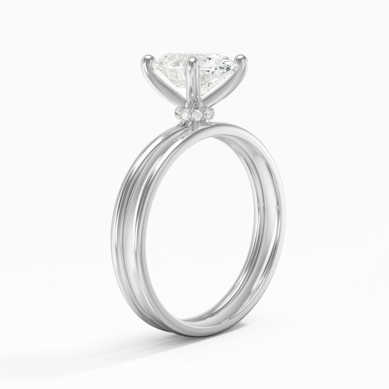 14K White Gold Hidden Halo Traditional Shank Wedding Ring Set
