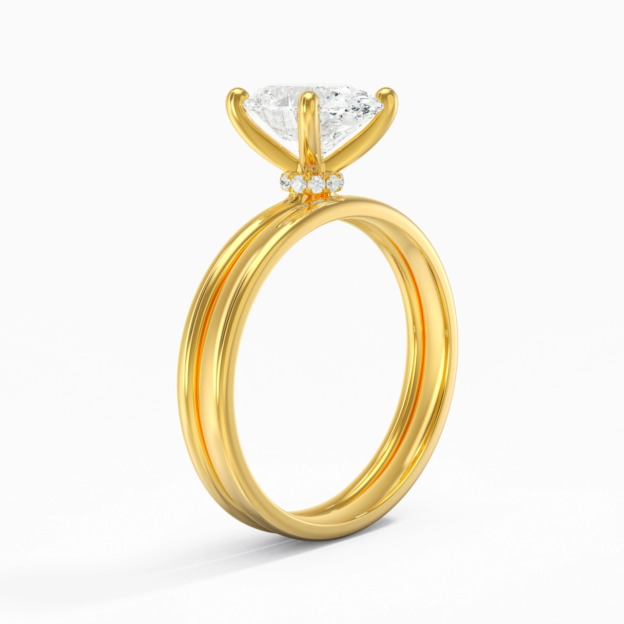 18K Gold Hidden Halo Traditional Shank Wedding Ring Set