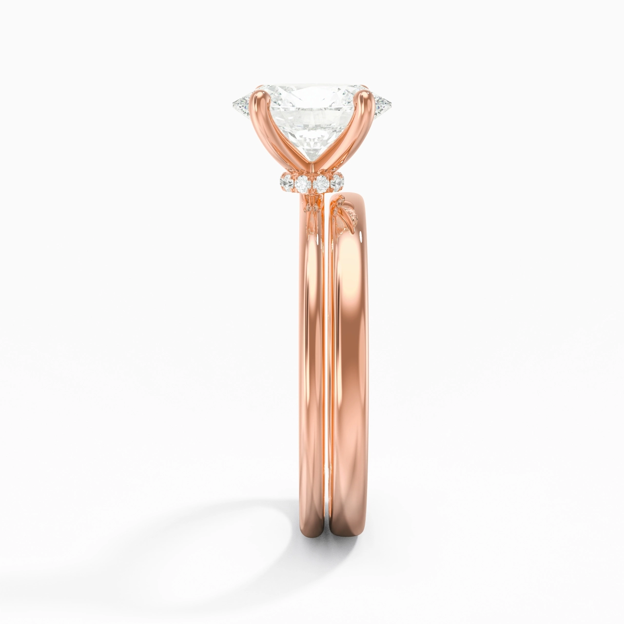 18K Rose Gold Hidden Halo Traditional Shank Wedding Ring Set