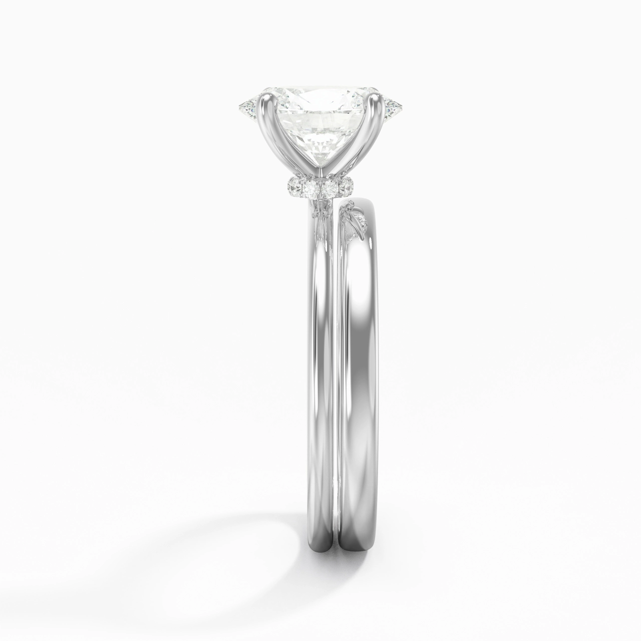 14K White Gold Hidden Halo Traditional Shank Wedding Ring Set