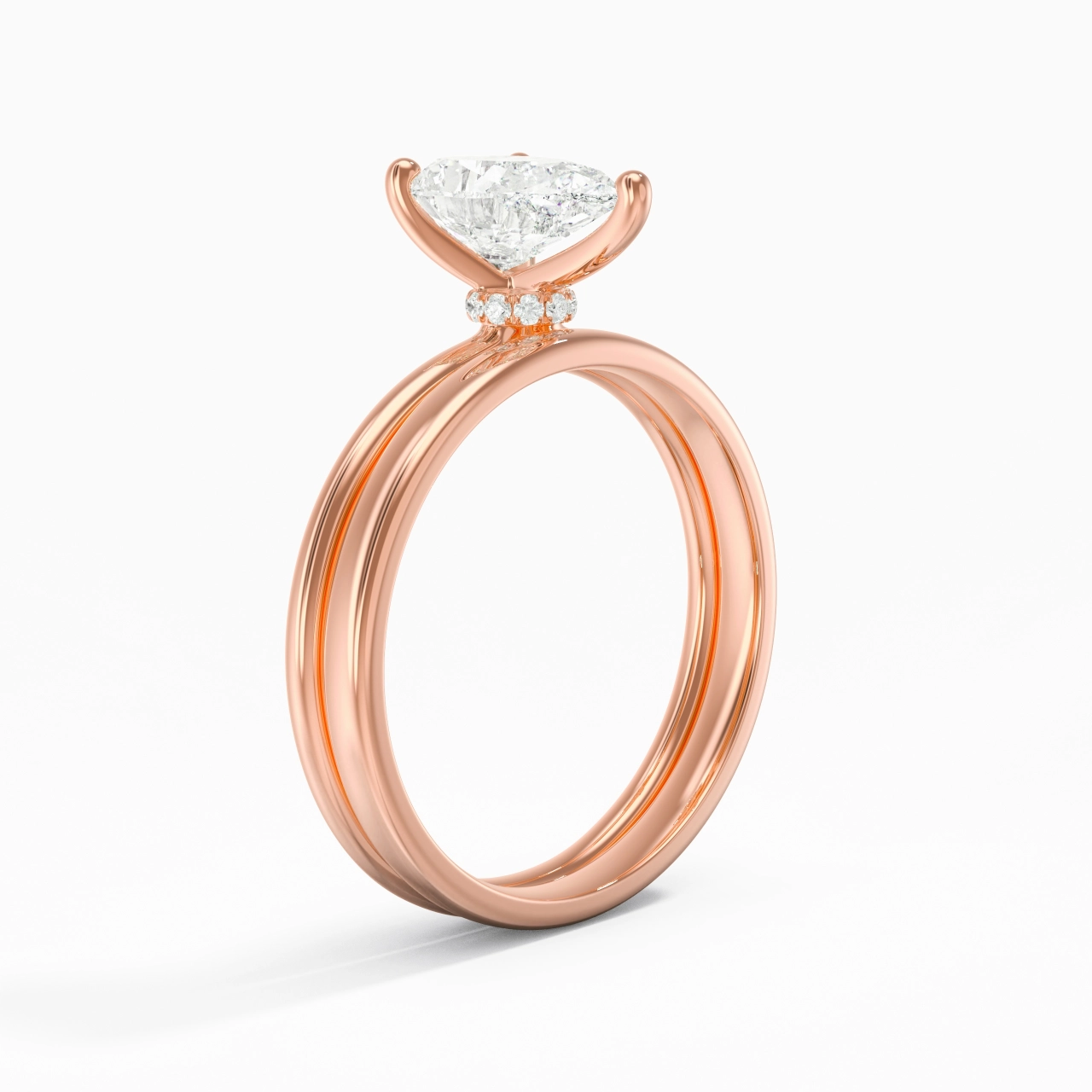 18K Rose Gold Hidden Halo Traditional Shank Wedding Ring Set