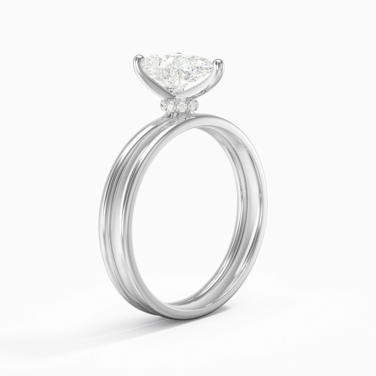 14K White Gold Hidden Halo Traditional Shank Wedding Ring Set