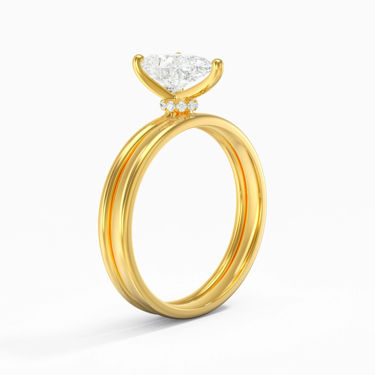 18K Gold Hidden Halo Traditional Shank Wedding Ring Set