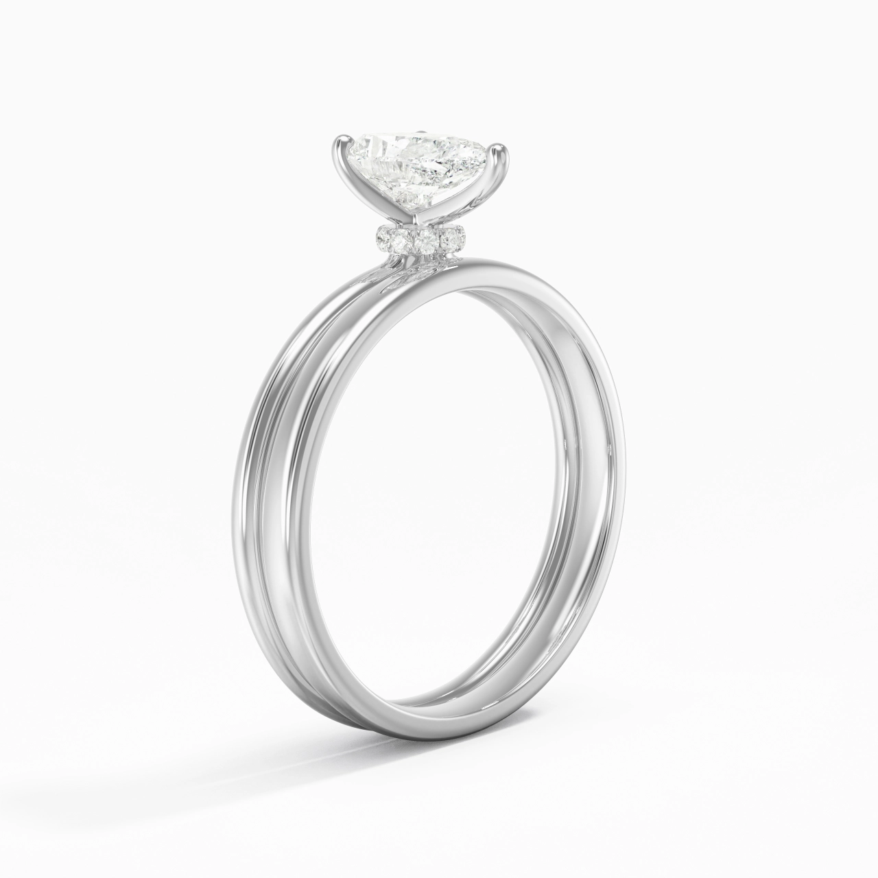 14K White Gold Hidden Halo Traditional Shank Wedding Ring Set