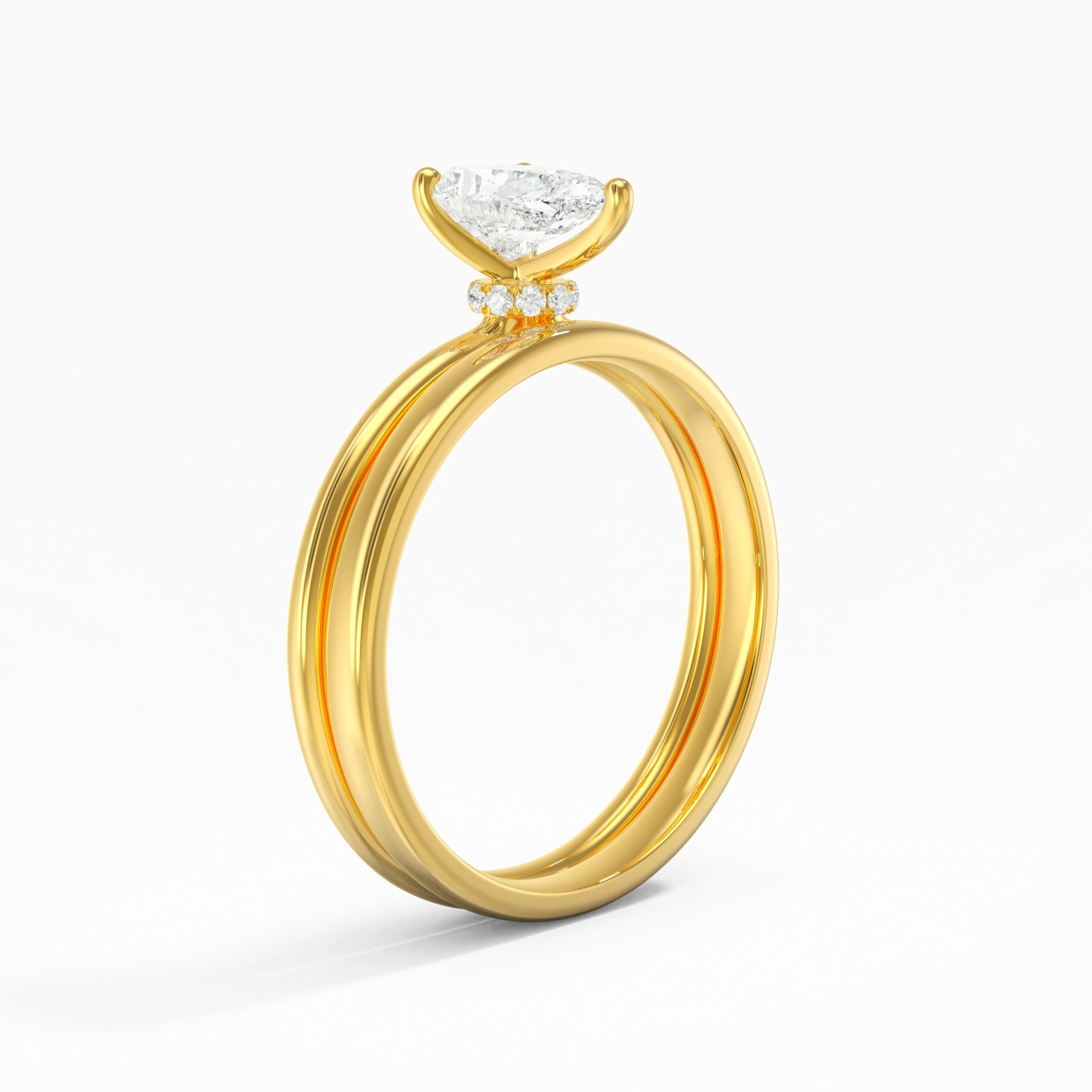 18K Gold Hidden Halo Traditional Shank Wedding Ring Set