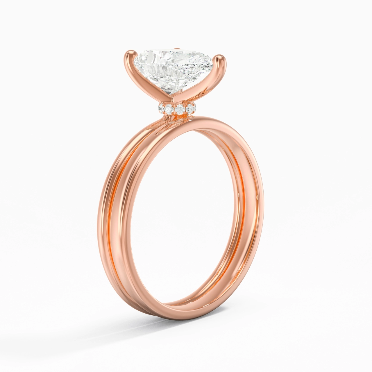 18K Rose Gold Hidden Halo Traditional Shank Wedding Ring Set