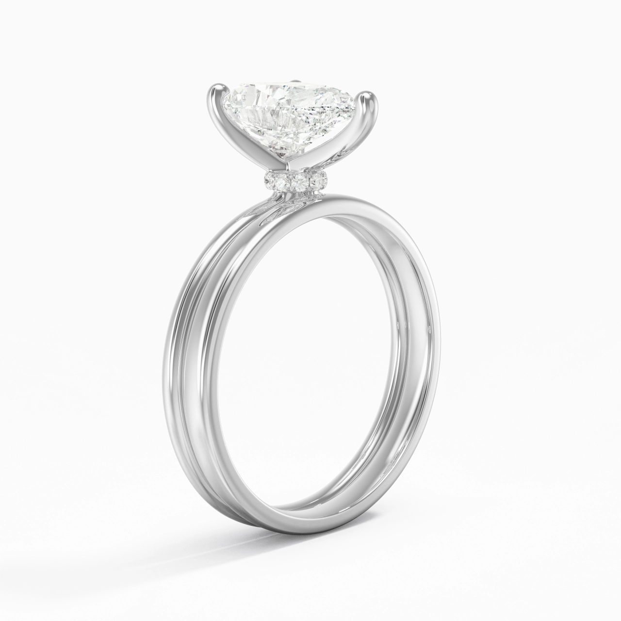 14K White Gold Hidden Halo Traditional Shank Wedding Ring Set