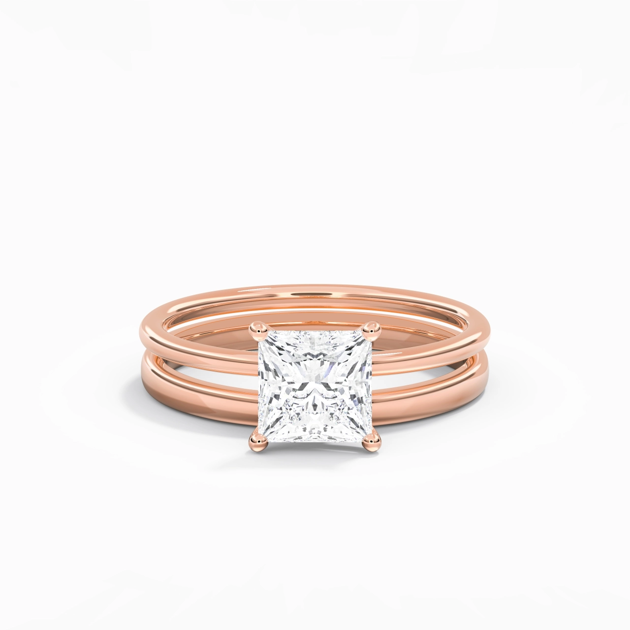 14K Rose Gold Hidden Halo Traditional Shank Wedding Ring Set