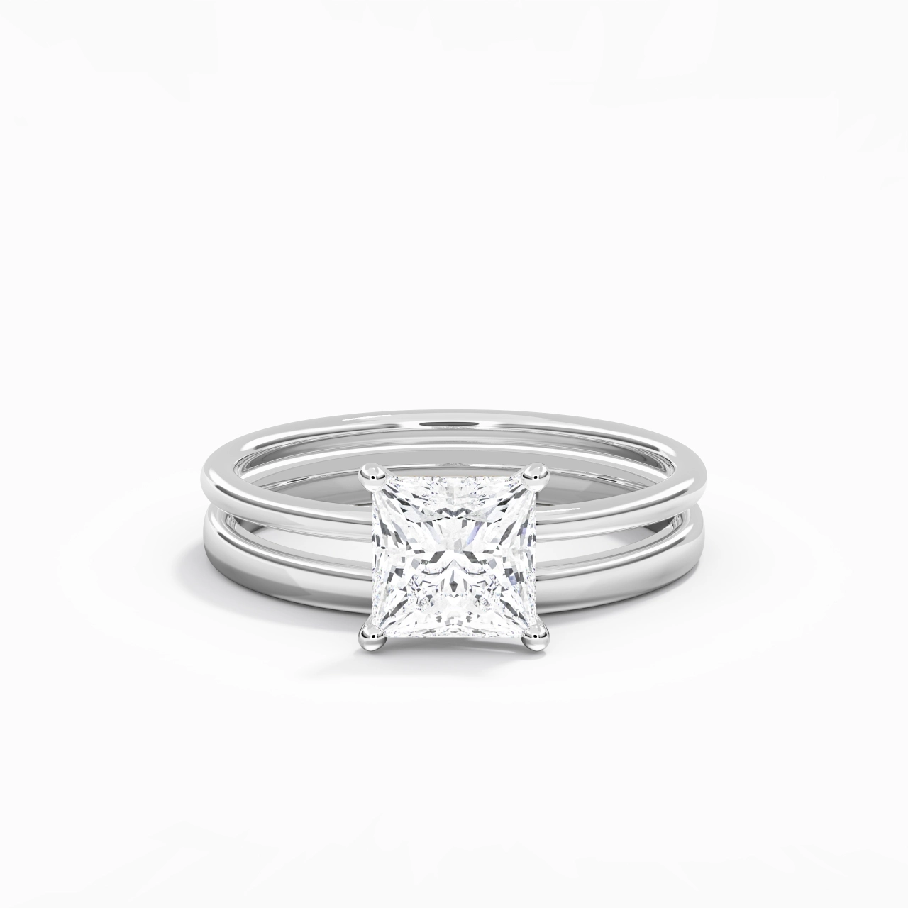 14K White Gold Hidden Halo Traditional Shank Wedding Ring Set