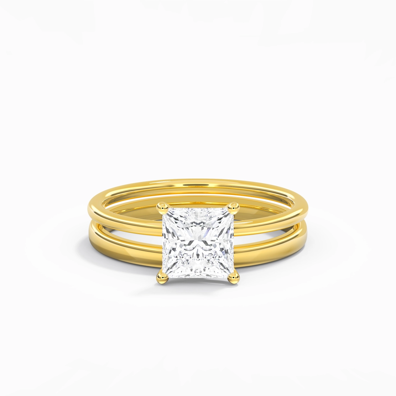 14K Gold Hidden Halo Traditional Shank Wedding Ring Set