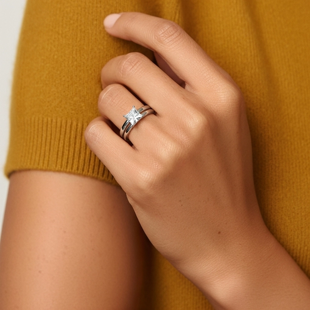 18K White Gold Hidden Halo Traditional Shank Wedding Ring Set