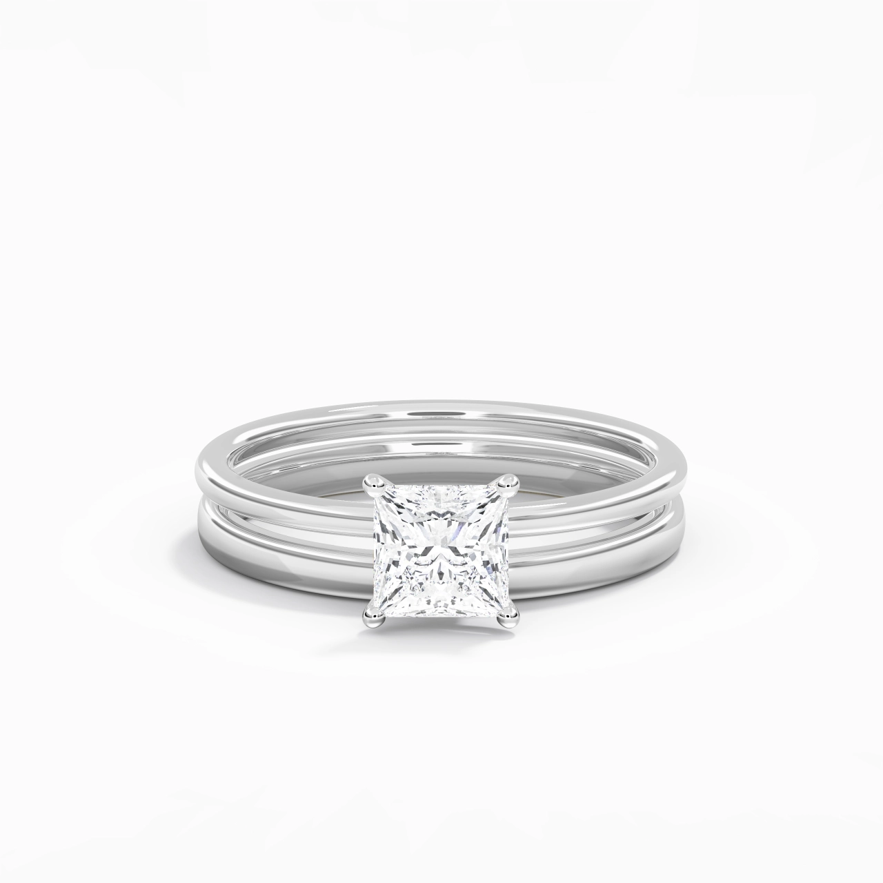 14K White Gold Hidden Halo Traditional Shank Wedding Ring Set