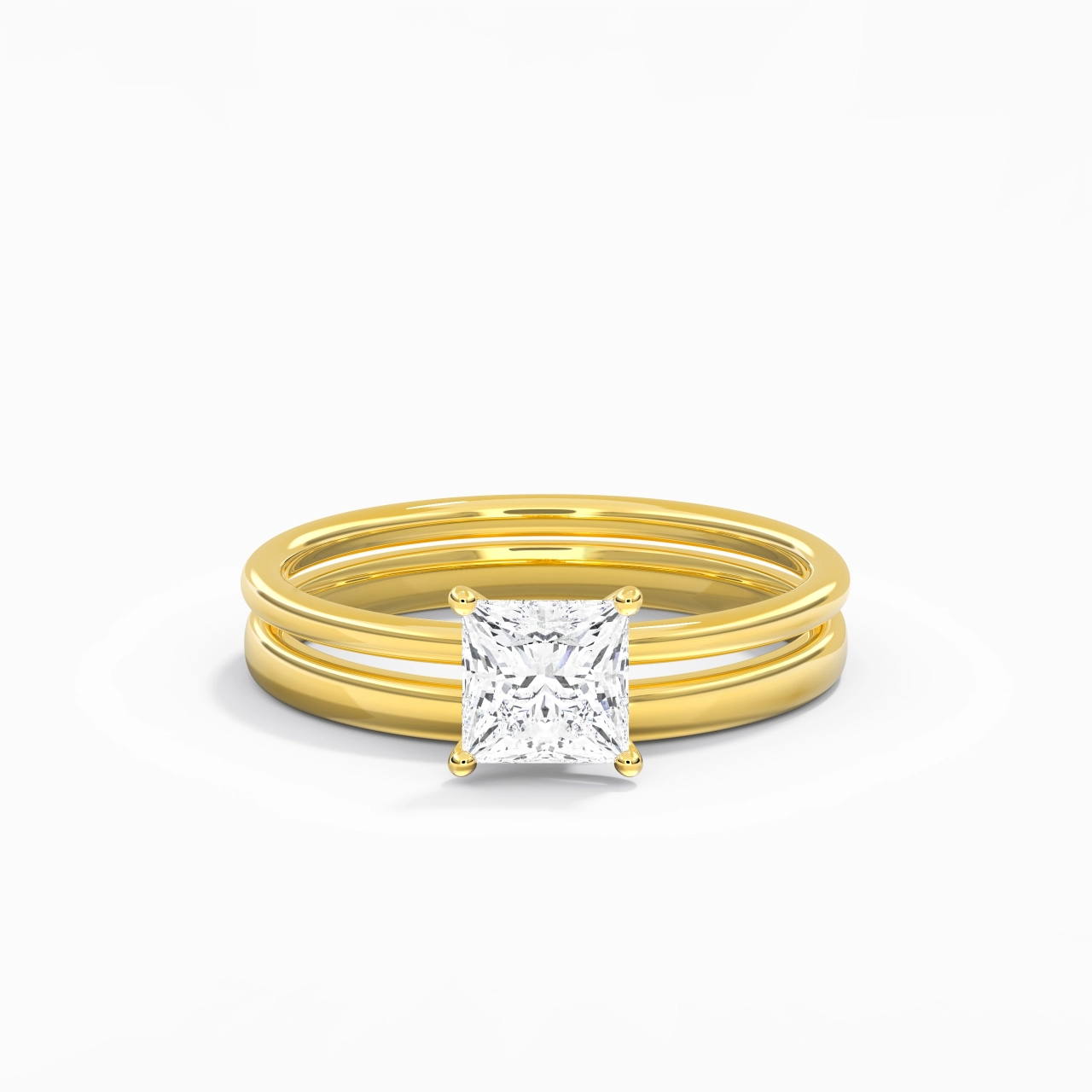 18K Gold Hidden Halo Traditional Shank Wedding Ring Set