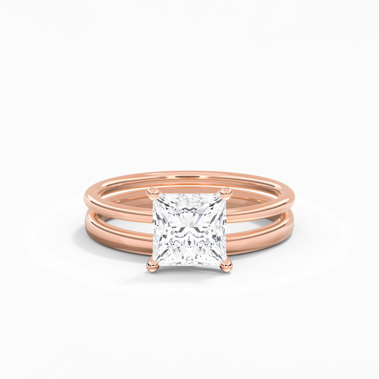 14K Rose Gold Hidden Halo Traditional Shank Wedding Ring Set