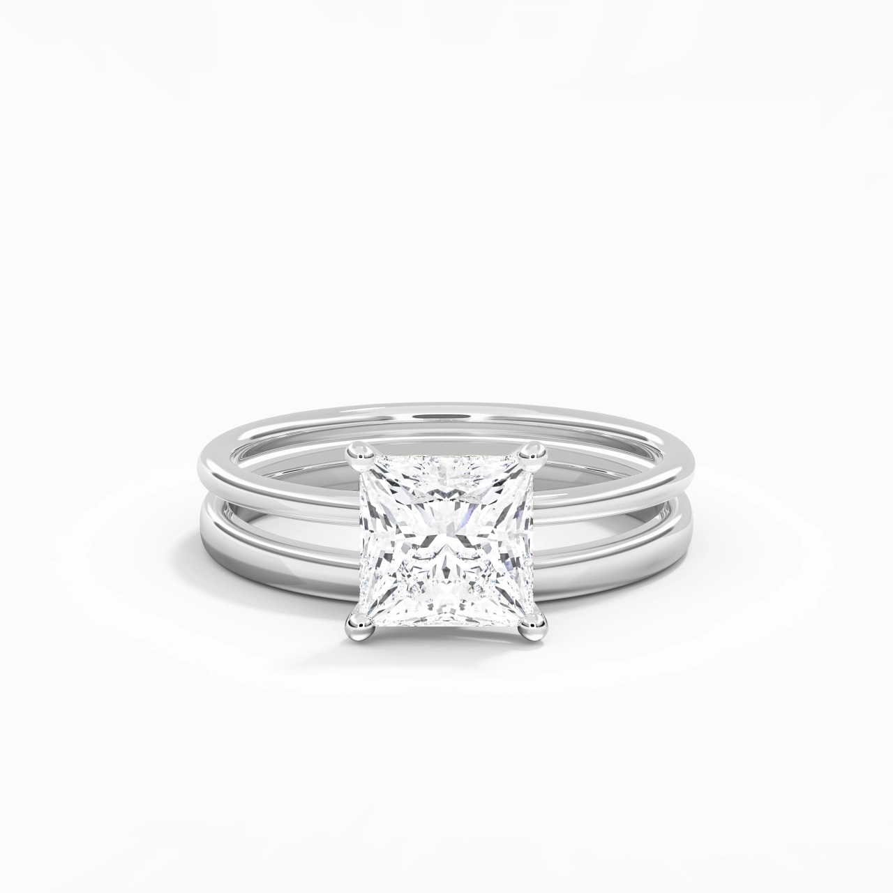 14K White Gold Hidden Halo Traditional Shank Wedding Ring Set