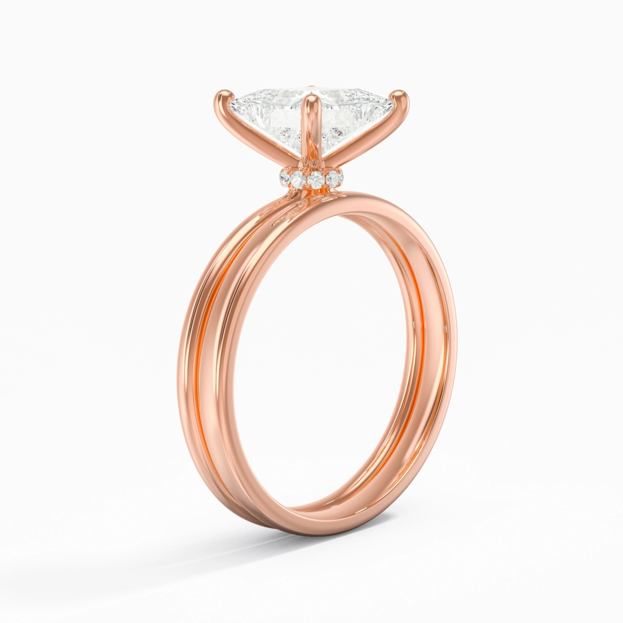 14K Rose Gold Hidden Halo Traditional Shank Wedding Ring Set