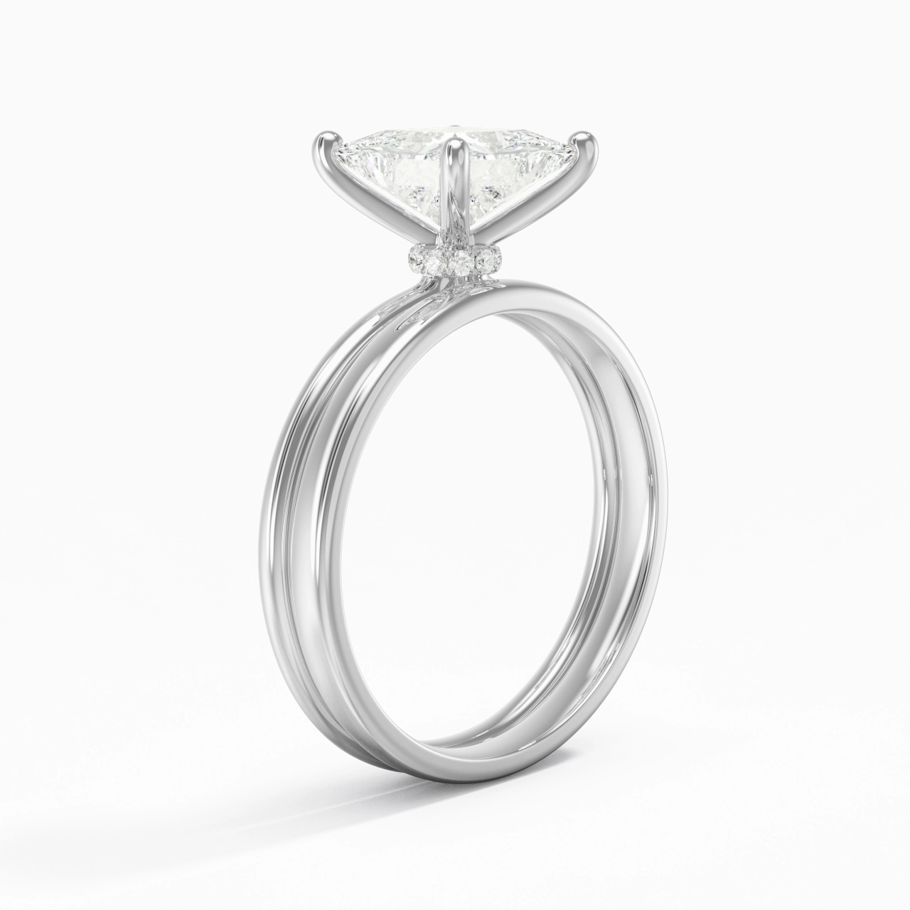 14K White Gold Hidden Halo Traditional Shank Wedding Ring Set