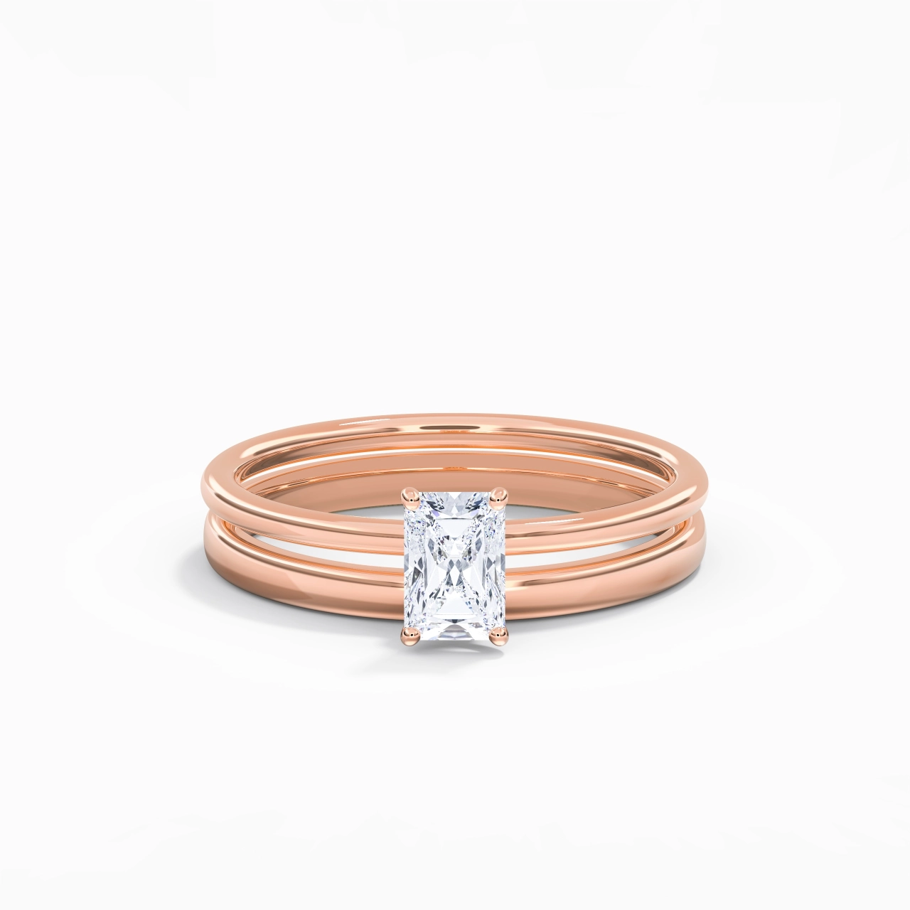 18K Rose Gold Hidden Halo Traditional Shank Wedding Ring Set