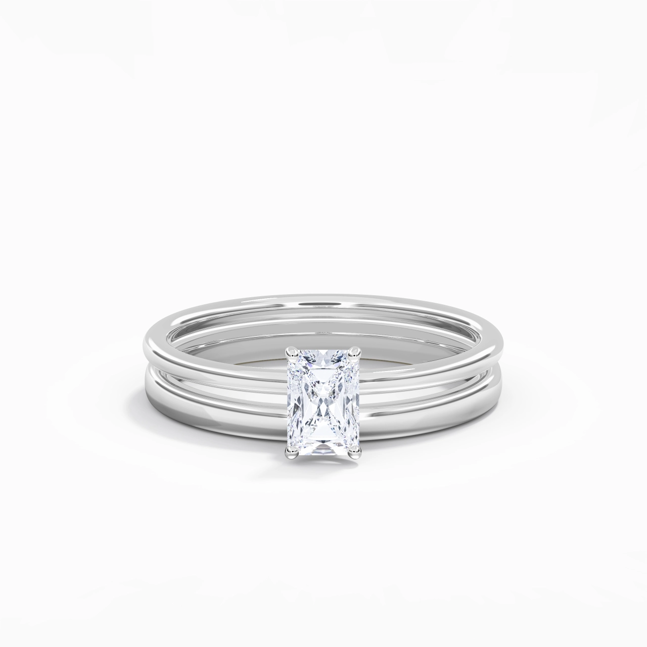 14K White Gold Hidden Halo Traditional Shank Wedding Ring Set