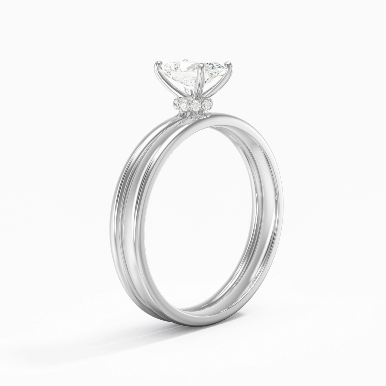 14K White Gold Hidden Halo Traditional Shank Wedding Ring Set