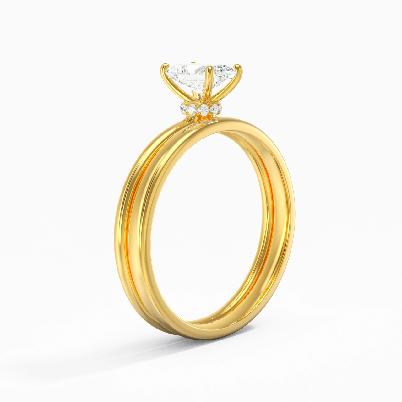 14K Gold Hidden Halo Traditional Shank Wedding Ring Set
