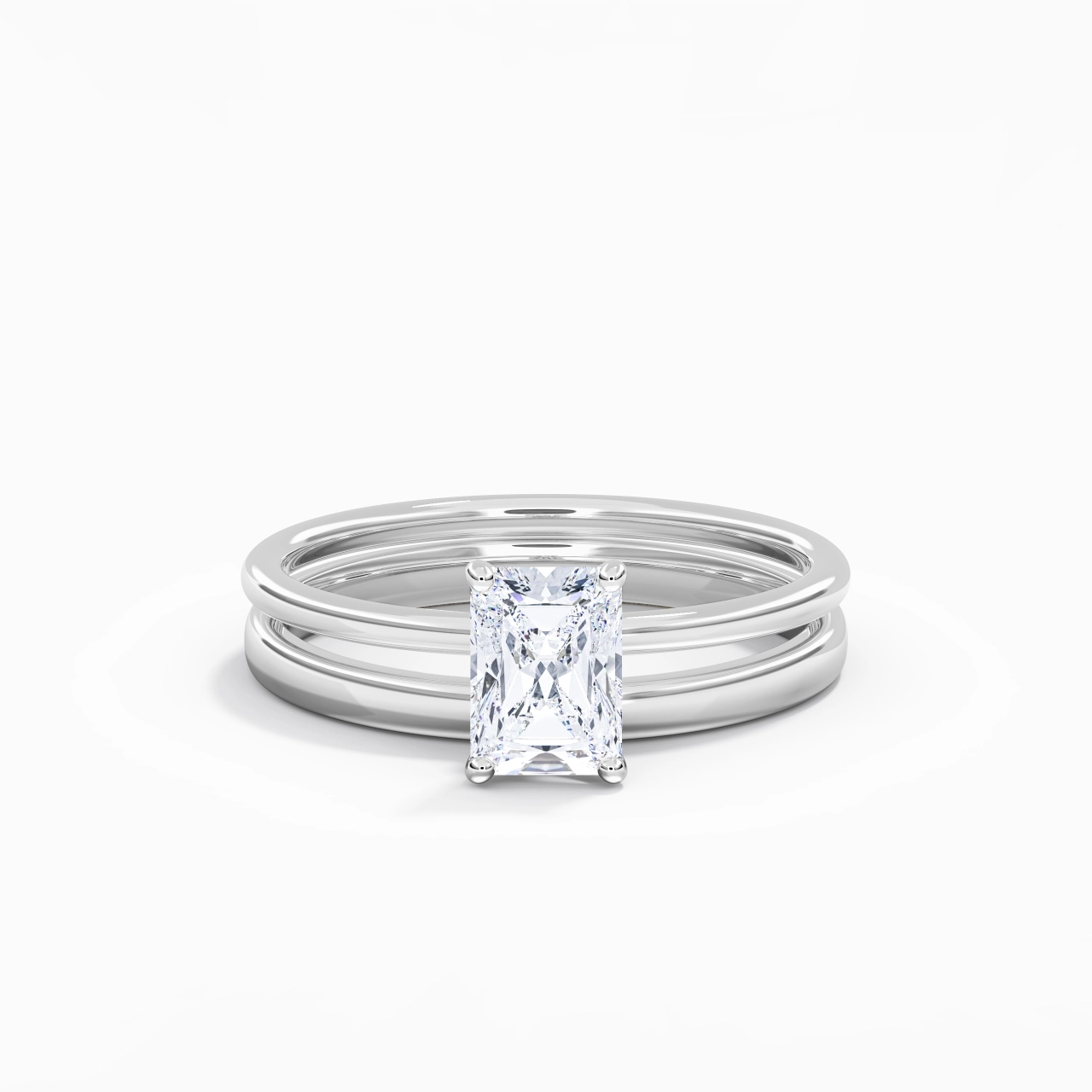14K White Gold Hidden Halo Traditional Shank Wedding Ring Set