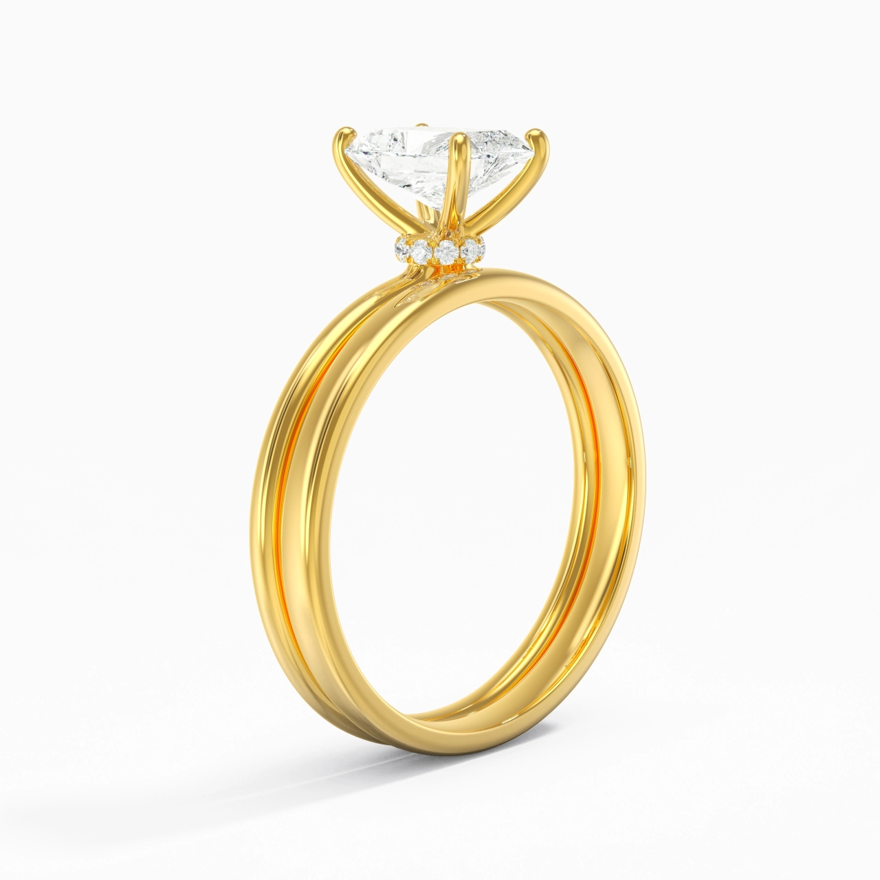 14K Gold Hidden Halo Traditional Shank Wedding Ring Set