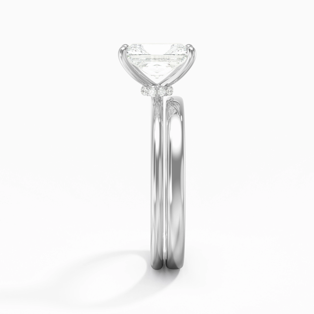 14K White Gold Hidden Halo Traditional Shank Wedding Ring Set