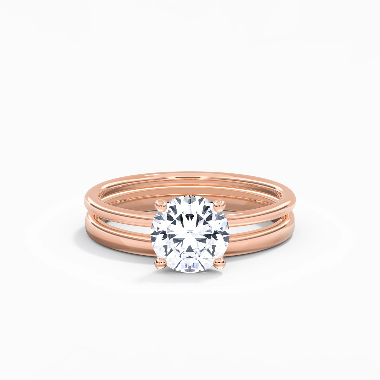 18K Rose Gold Hidden Halo Traditional Shank Wedding Ring Set