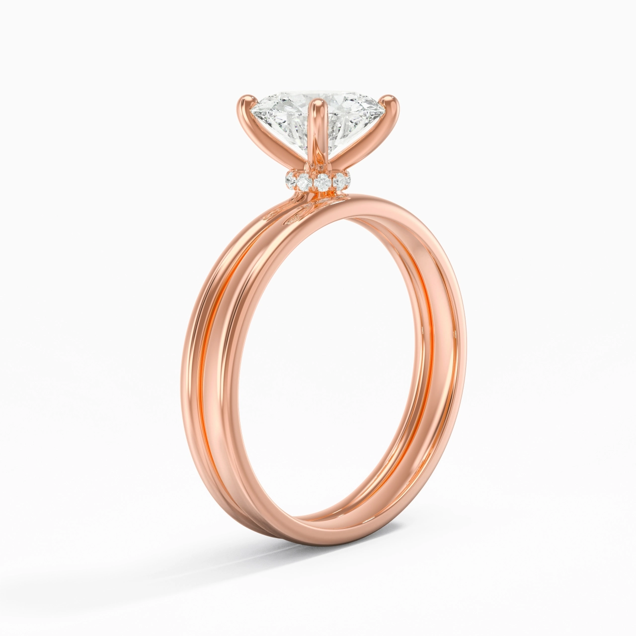 18K Rose Gold Hidden Halo Traditional Shank Wedding Ring Set