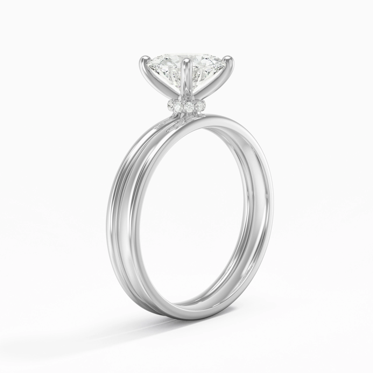 14K White Gold Hidden Halo Traditional Shank Wedding Ring Set