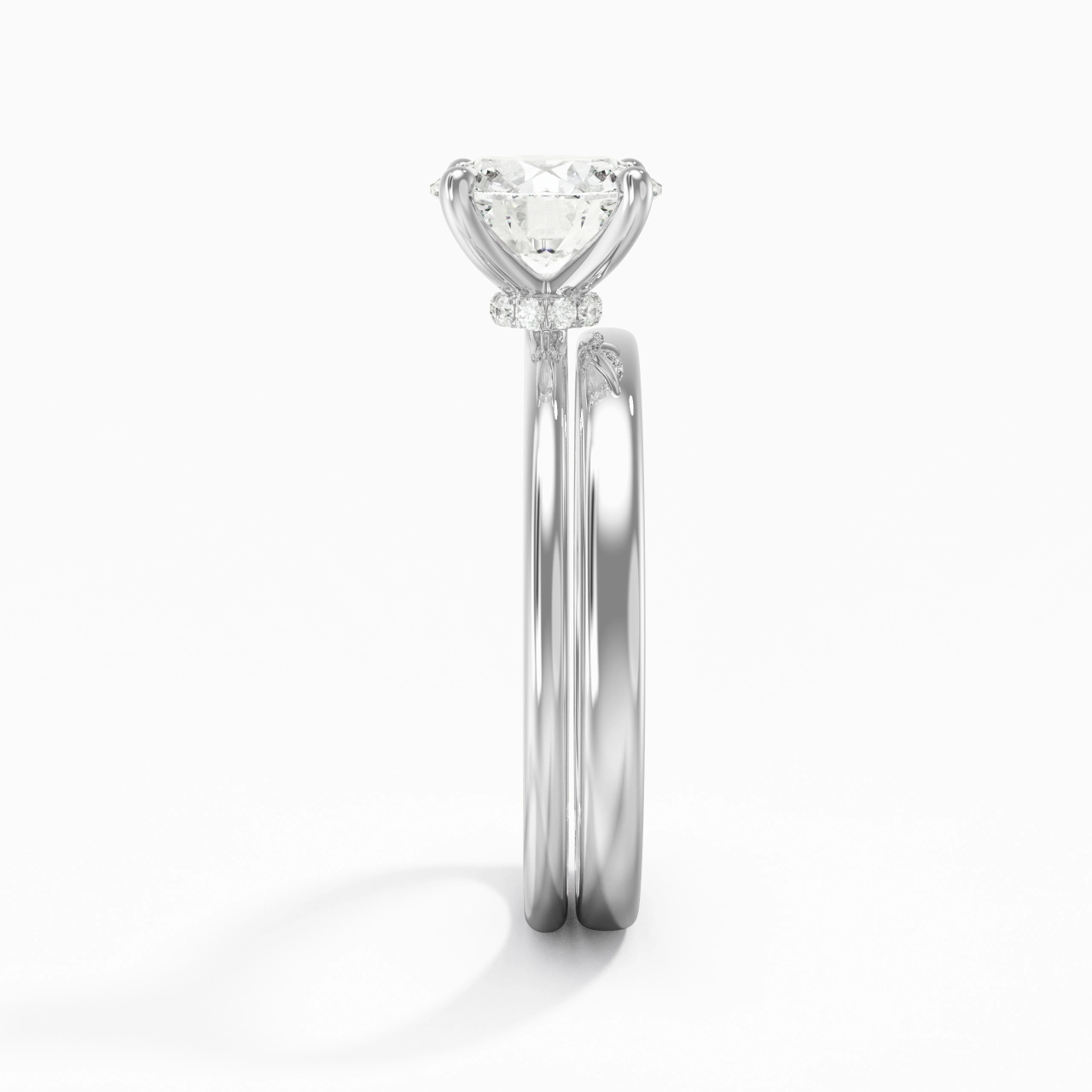 14K White Gold Hidden Halo Traditional Shank Wedding Ring Set