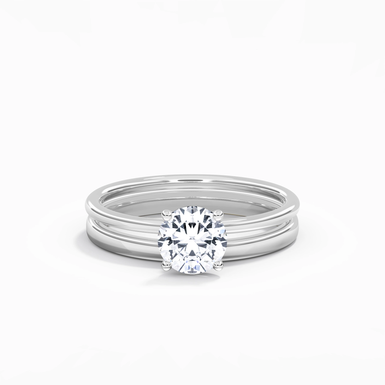 14K White Gold Hidden Halo Traditional Shank Wedding Ring Set
