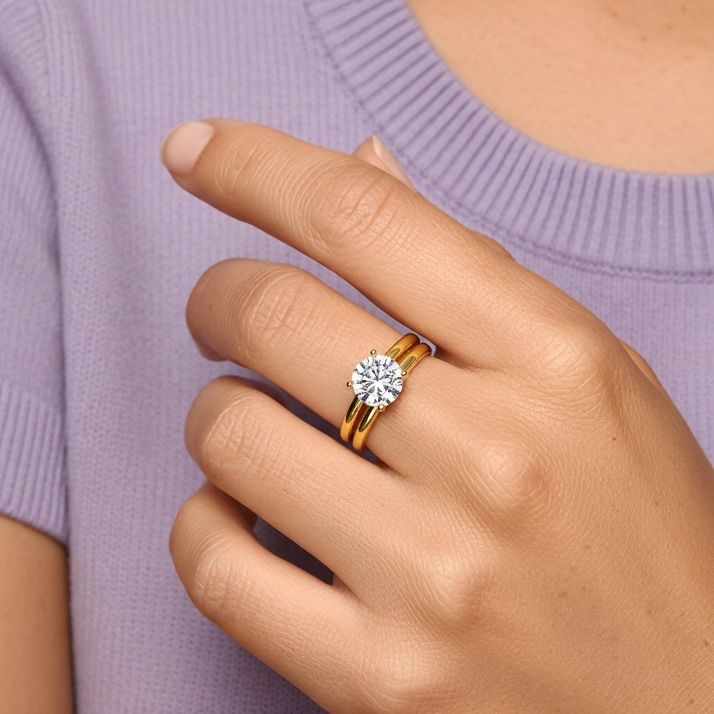 14K Gold Hidden Halo Traditional Shank Wedding Ring Set