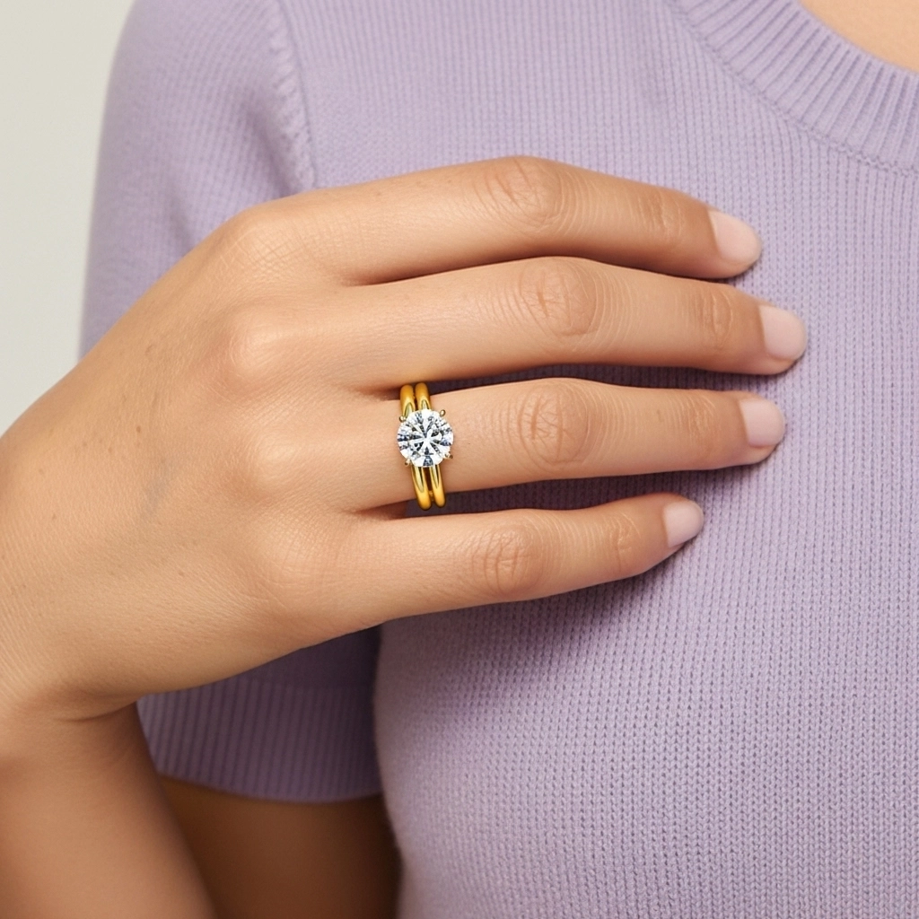 14K Gold Hidden Halo Traditional Shank Wedding Ring Set