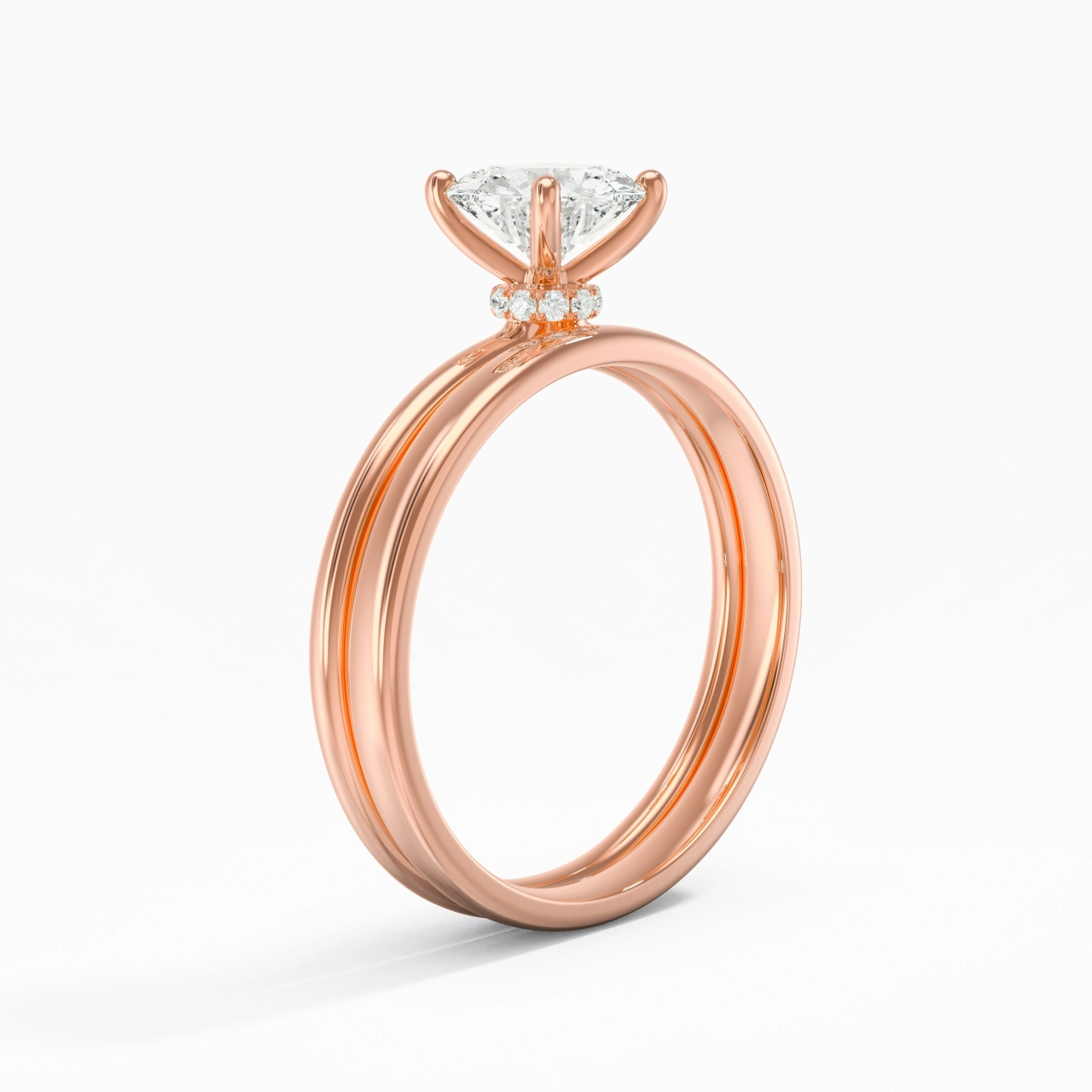 14K Rose Gold Hidden Halo Traditional Shank Wedding Ring Set