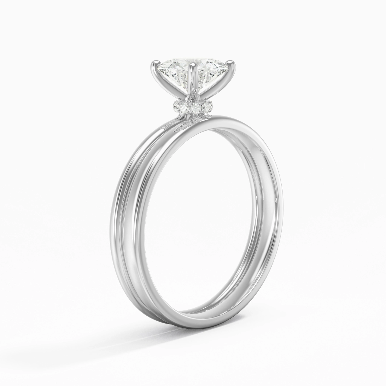 14K White Gold Hidden Halo Traditional Shank Wedding Ring Set