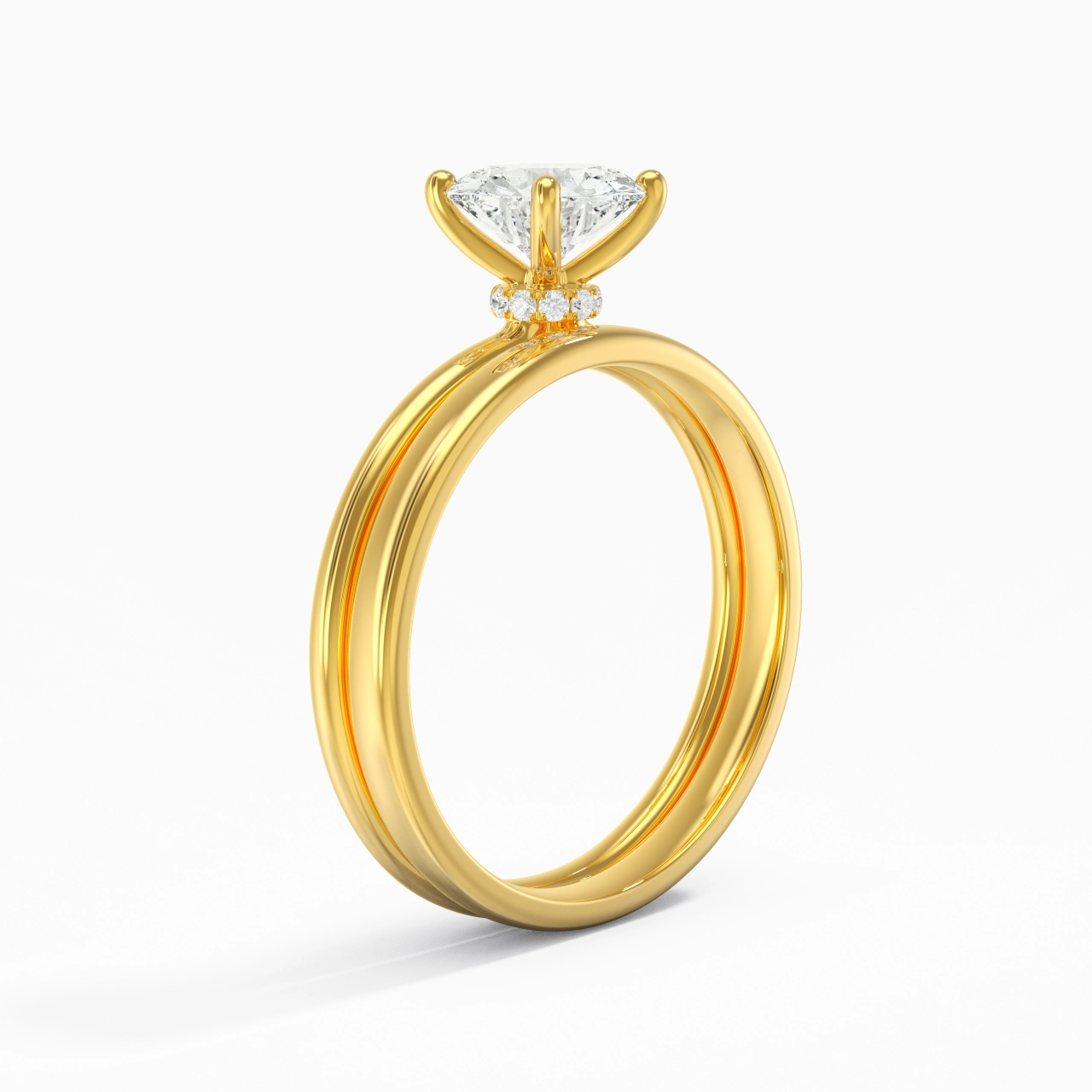 14K Gold Hidden Halo Traditional Shank Wedding Ring Set