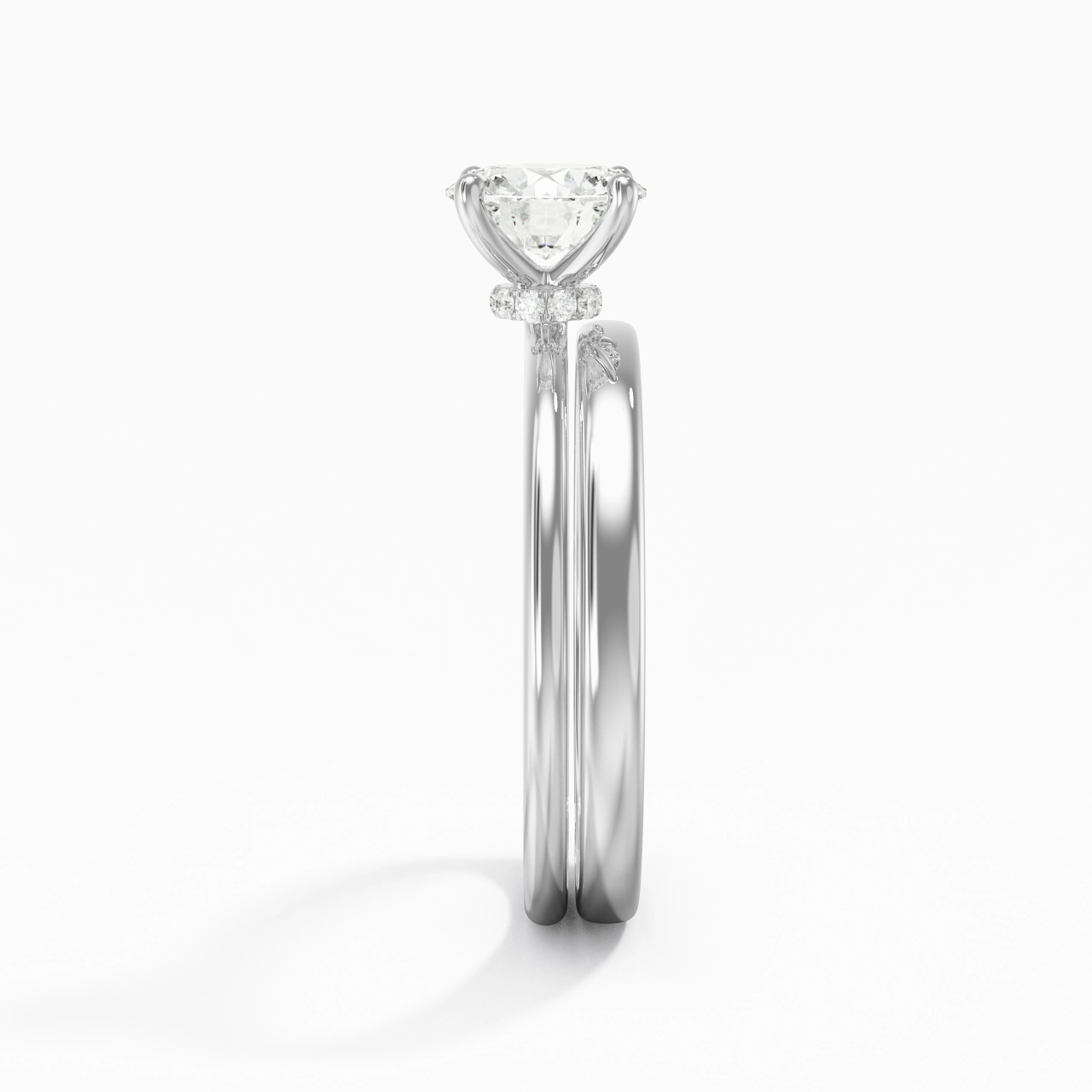 14K White Gold Hidden Halo Traditional Shank Wedding Ring Set