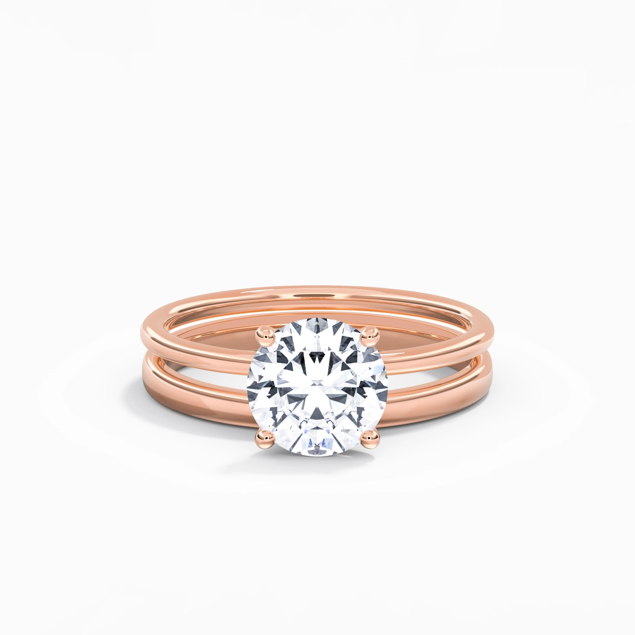 18K Rose Gold Hidden Halo Traditional Shank Wedding Ring Set