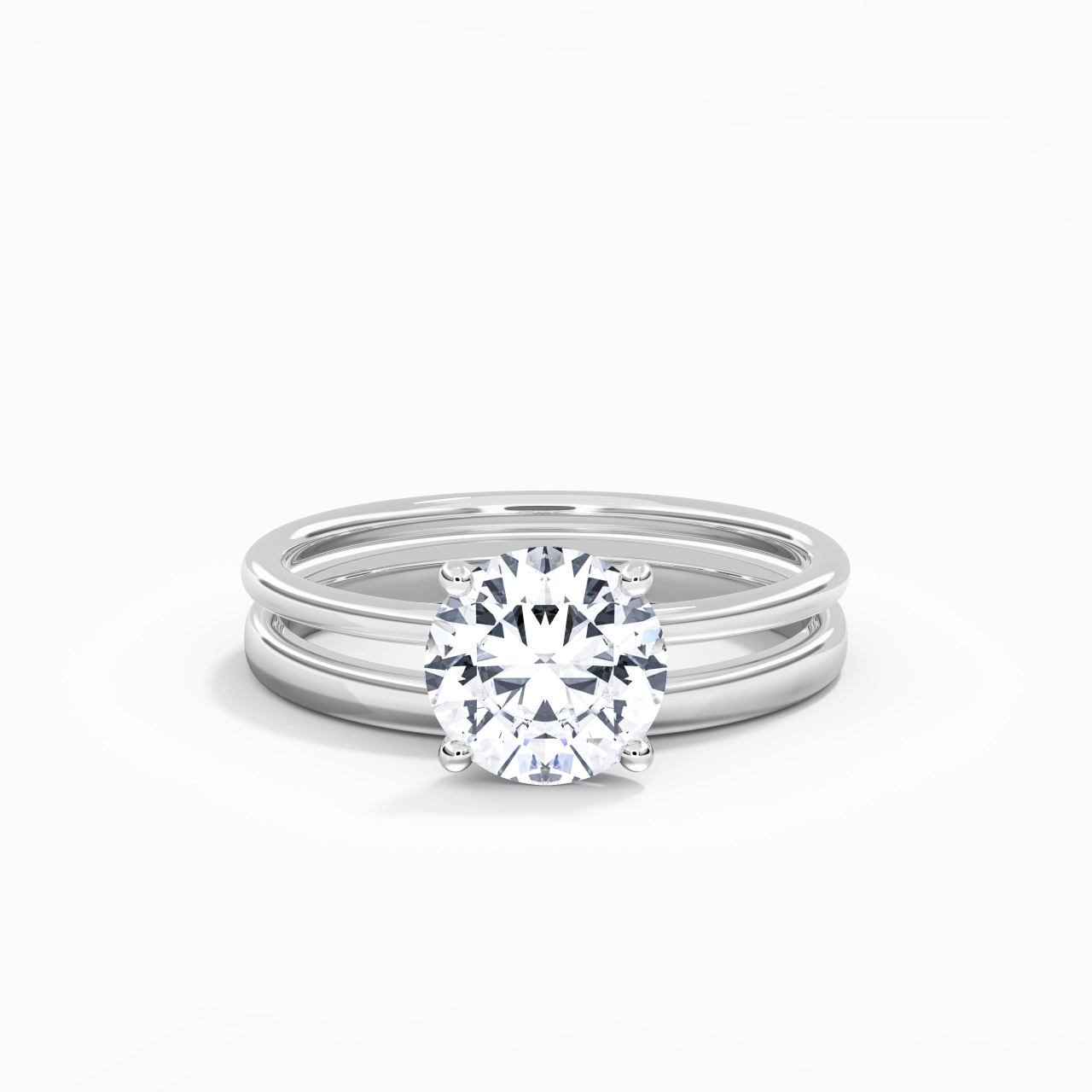14K White Gold Hidden Halo Traditional Shank Wedding Ring Set