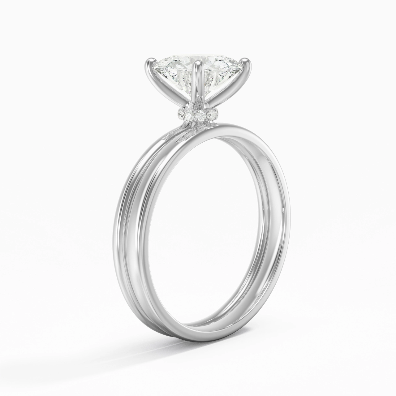 14K White Gold Hidden Halo Traditional Shank Wedding Ring Set