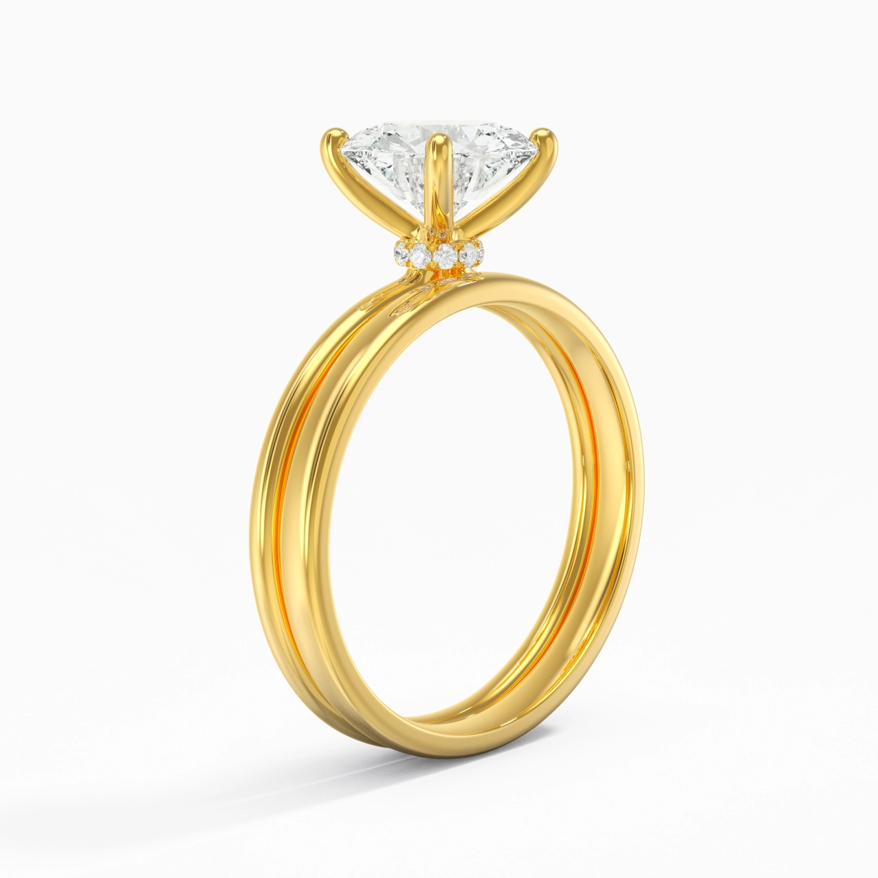 14K Gold Hidden Halo Traditional Shank Wedding Ring Set