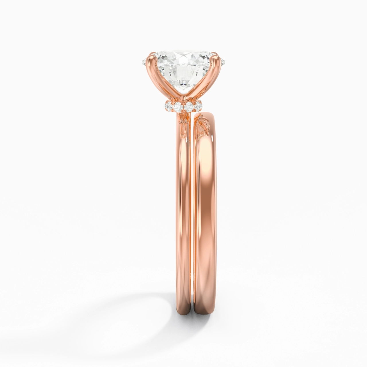 18K Rose Gold Hidden Halo Traditional Shank Wedding Ring Set