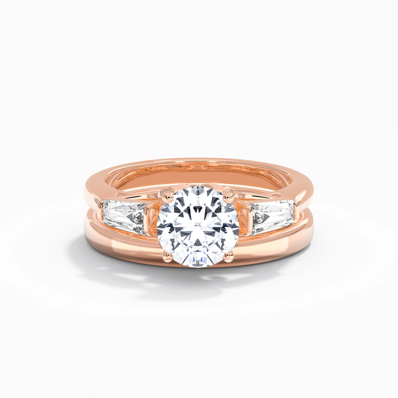18K Rose Gold Three Stone Cathedral Baguette Traditional Shank Wedding Ring Set
