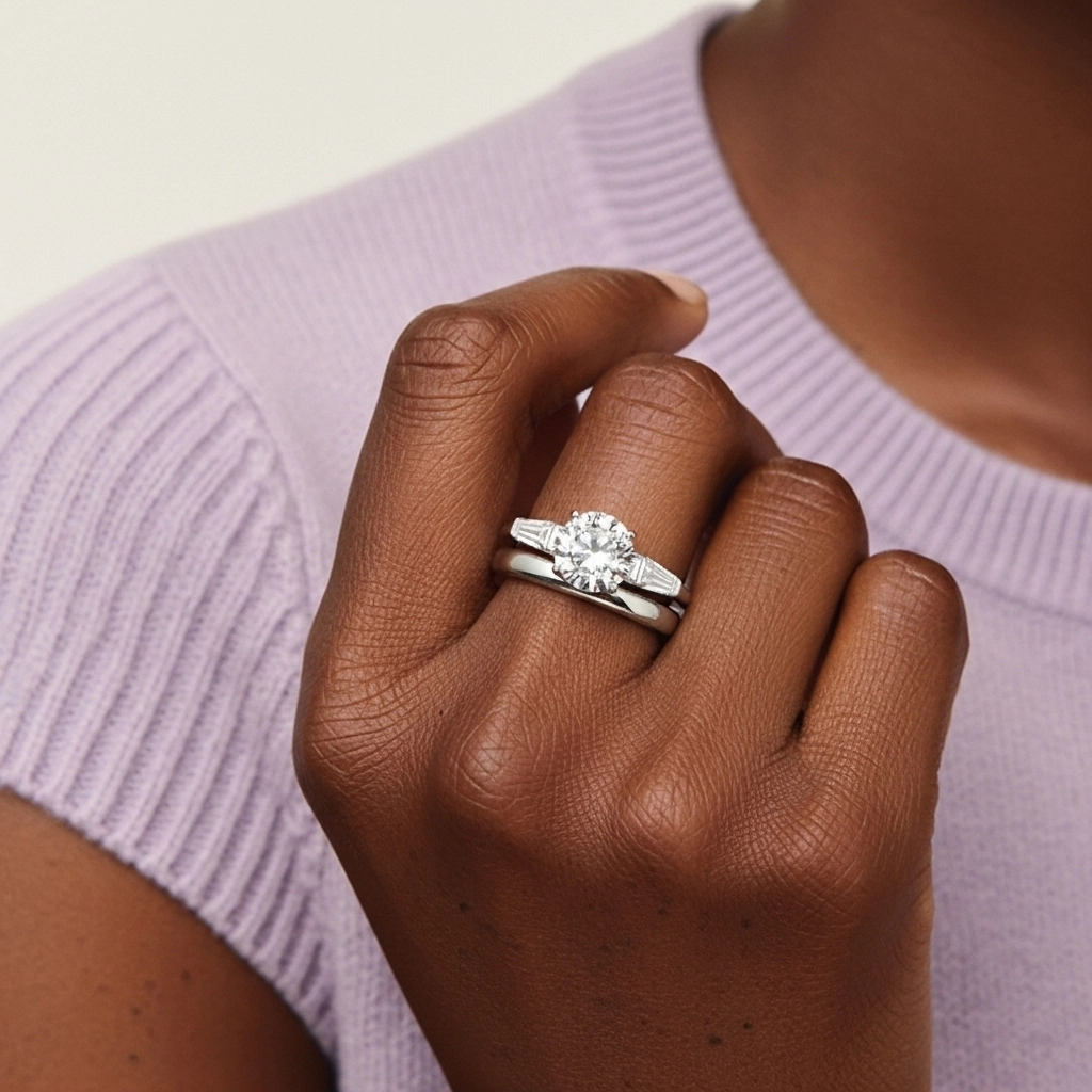 18K White Gold Three Stone Cathedral Baguette Traditional Shank Wedding Ring Set