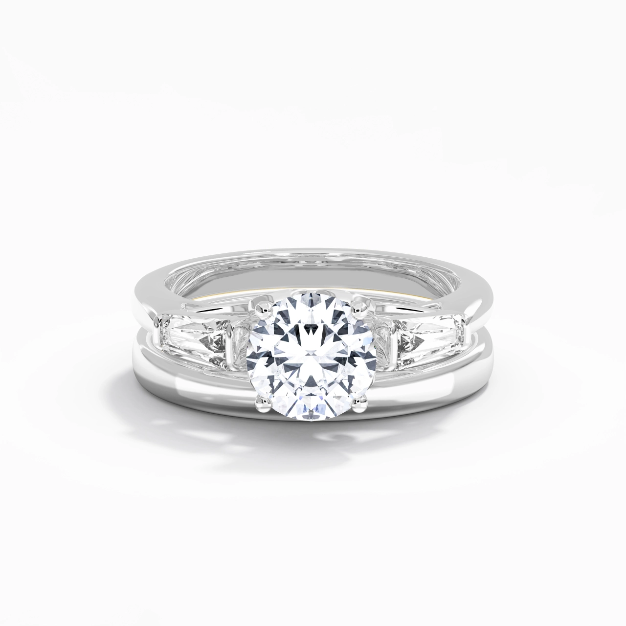 14K White Gold Three Stone Cathedral Baguette Traditional Shank Wedding Ring Set