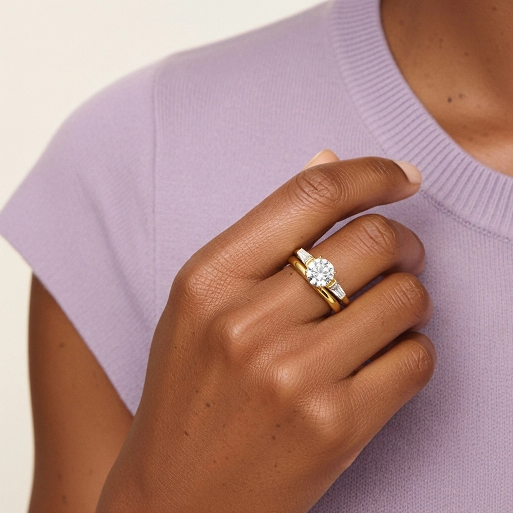 14K Gold Three Stone Cathedral Baguette Traditional Shank Wedding Ring Set