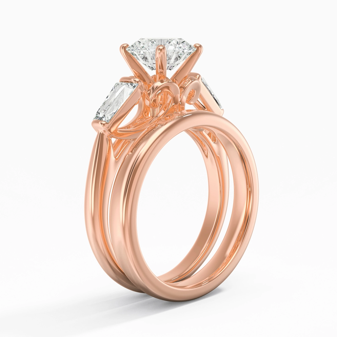 18K Rose Gold Three Stone Cathedral Baguette Traditional Shank Wedding Ring Set