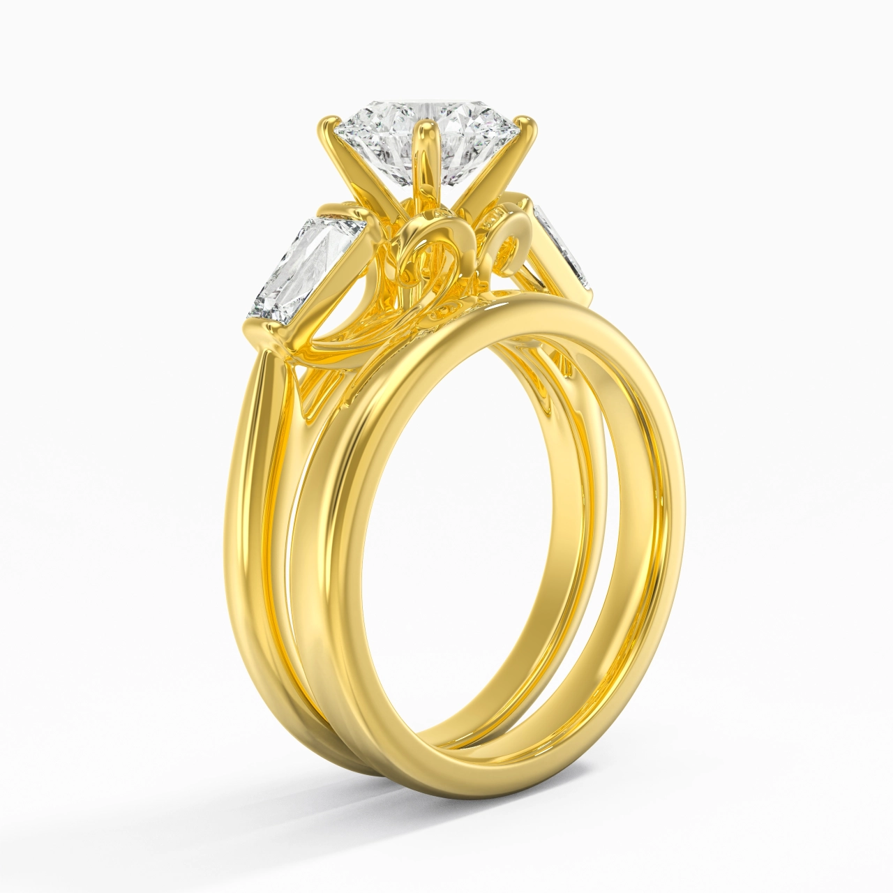 18K Gold Three Stone Cathedral Baguette Traditional Shank Wedding Ring Set